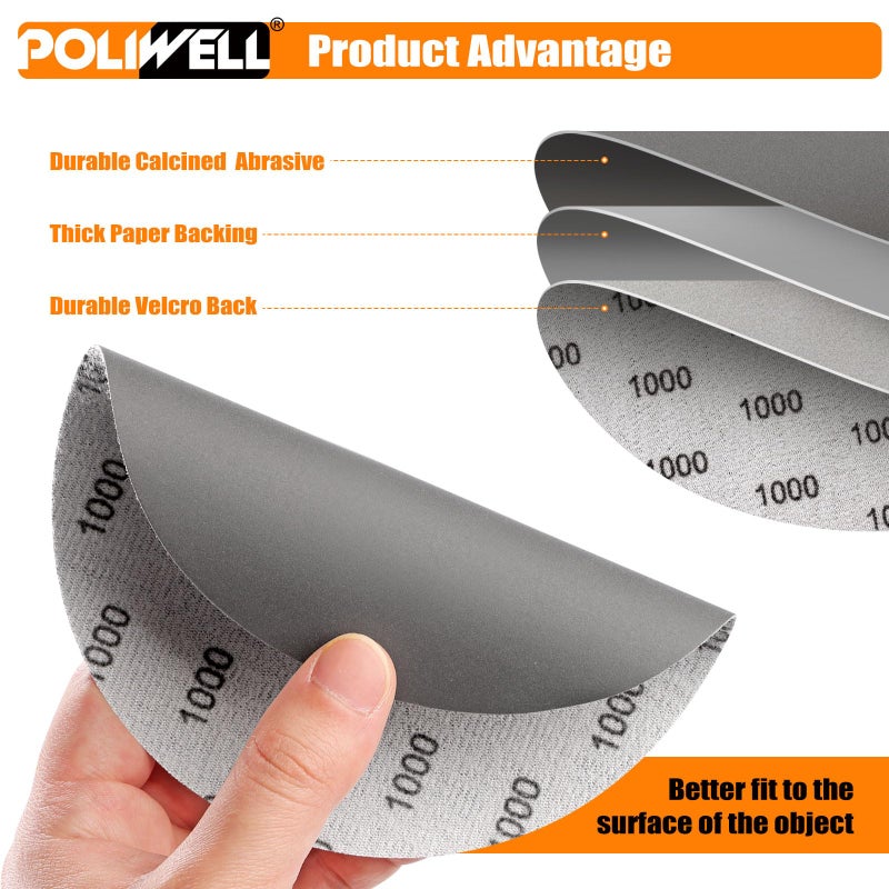 POLIWELL 6 Inch (150mm) 1000 Grit High Performance Waterproof Hook & Loop Sanding Discs Heavy Duty Silicon Carbide Round Flocking Sandpaper for Wet/Dry Sanding Grinder Polishing Accessories, 20-Pack - Image 3